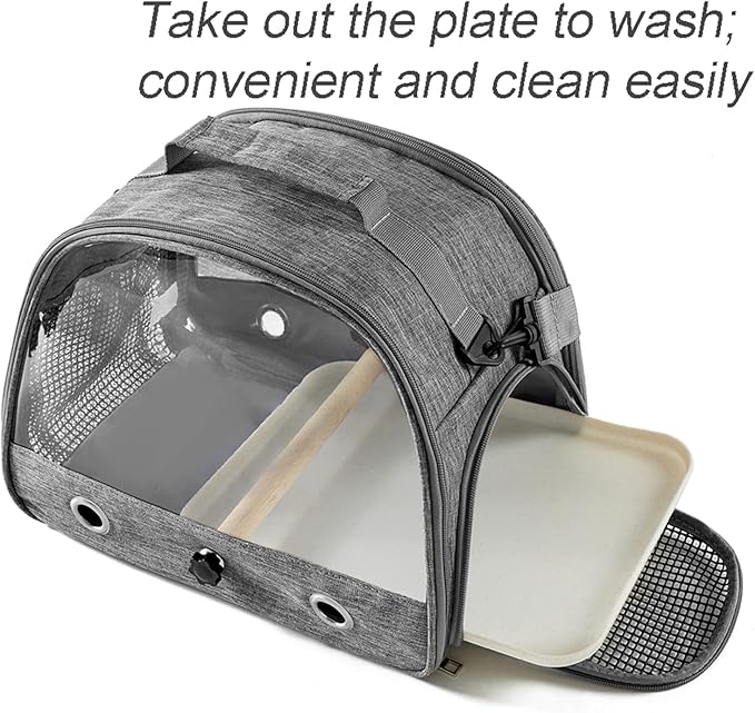 Small Bird Carrier Cage with Standing Perch & Tray Portable & Breathable Pet Travle Transport Carry Bag with Shoulder Strap for Vet Visit & Outdoor Walking (Grey)