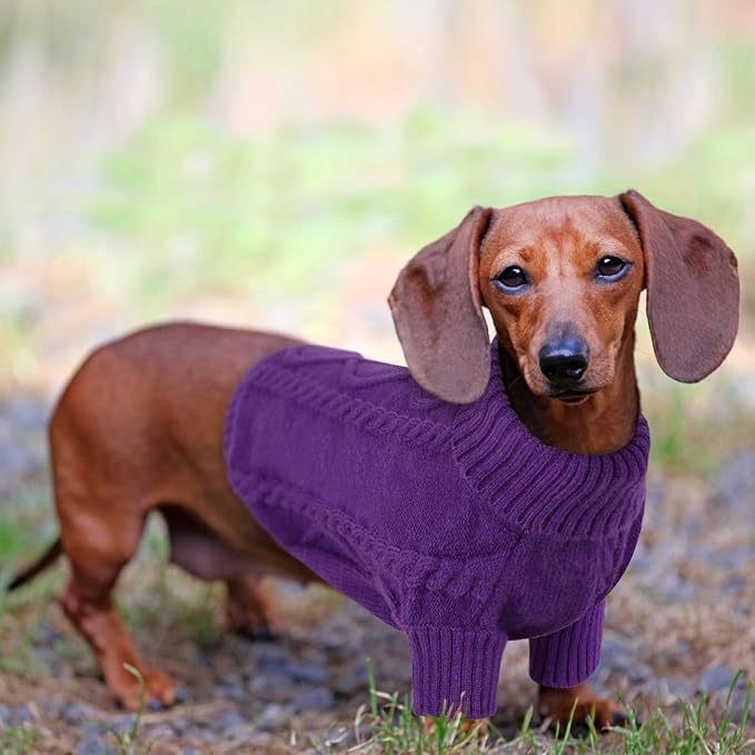 Queenmore Small Dog Pullover Sweater, Cold Weather Cable Knitwear, Classic Turtleneck Thick Warm Clothes for Chihuahua, Bulldog, Dachshund, Pug (Purple, Large)