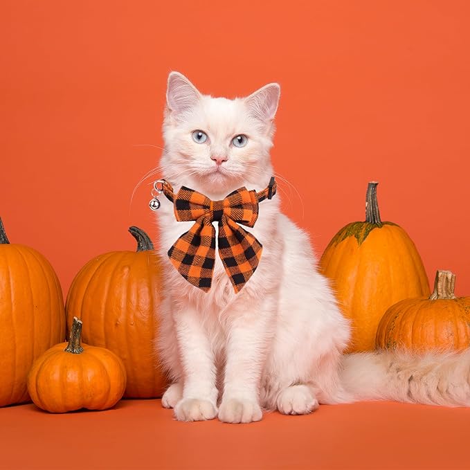 ADOGGYGO Halloween Cat Collars with Removable Bow Bell, 2 Pack Orange Purple Plaid Halloween Bowtie Collar for Cats Kittens