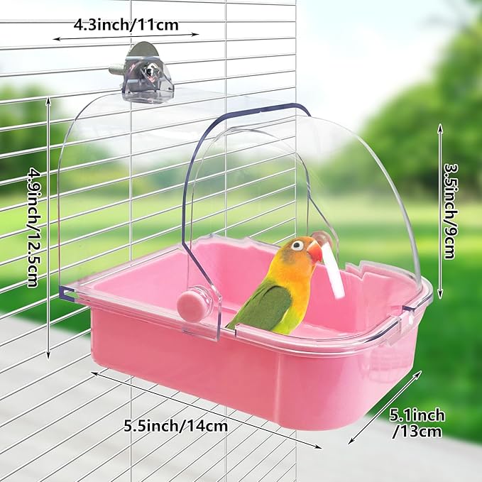 Tfwadmx Bird Cage Bath Hanging Parrot Bath Tub Water Shower Food Feeder Holder Tray Bird Bath Supplies for Small Birds Canary Budgies Cockatiel Lovebirds (Pink)