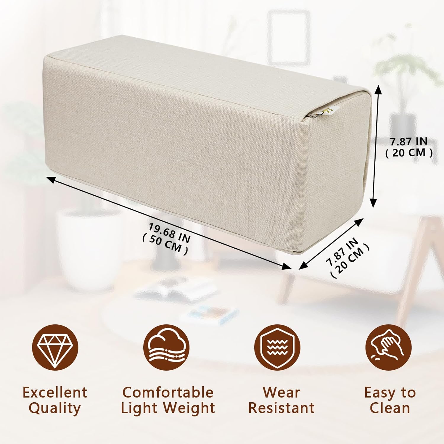 2 Pack Couch Arm Rest Pillow, 8''x8''x20'' Linen Cover, High Density Foam Armrest Cushion, Removable & Washable Elbow Support for Sofa, Bed, and Armchair (Beige)
