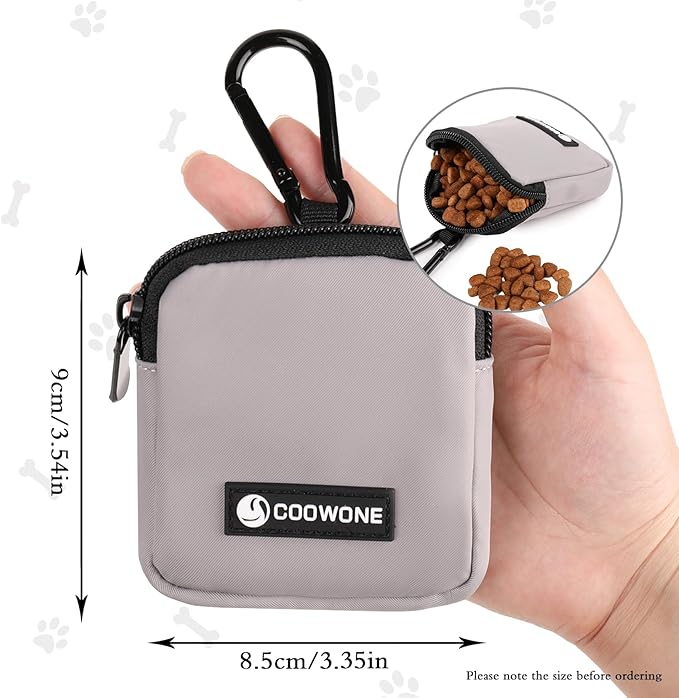 COOWONE Dog Treat Pouch Pocket Sized Pet Puppy Training Pouch for Dog Training Behavior Aids, Waterproof Nylon Fabric Dog Poop Bag Holder, Hands Free Dog Walking Bag with Metal Carabiner (Grey)