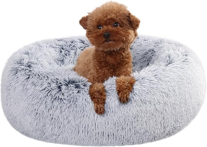 Amazon Basics Donut Pet Bolster Faux Fur Bed for Dog, Grey, 23" x 23"