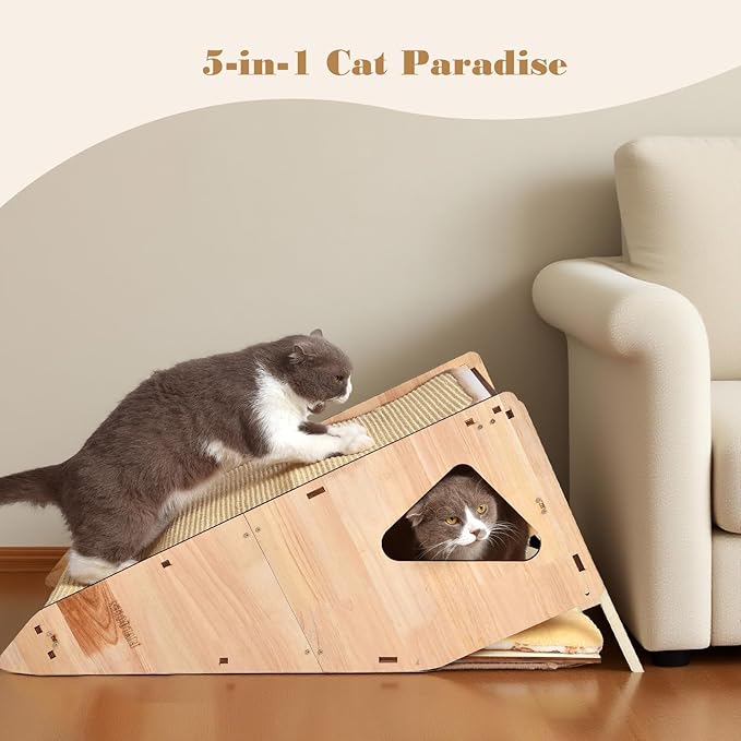 large Cat Scratching Post with Bed: Modern Sisal Cat Scratcher & Wood Frame, Integrated Cat Scratch Pad Post Condo Tunnel. All-in-One Space Saver for Multi-Cat & Budget-Friendly Homes (24in)