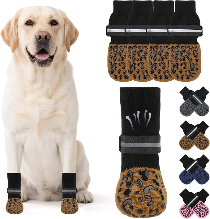 KOOLTAIL Anti Slip Dog Socks to Prevent Licking Paws,Dog Shoes for Hot Pavement, Reflective Traction Control Grip Booties, Dogs Boots & Paw Protector for Hardwood Floors Small Medium Large Senior Dogs