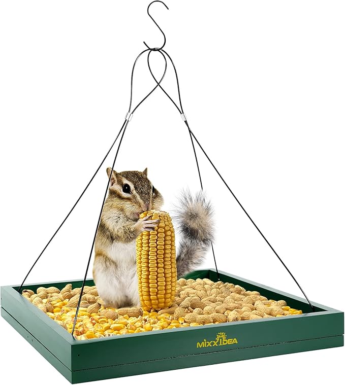 MIXXIDEA Bird Feeder Hanging Tray, Bird Feeders for Outdoors, Wooden Seed Tray Platform Mesh Seed Platform for Garden Yard Outside Decoration Attracting for Wild Birds (Green-1pk)