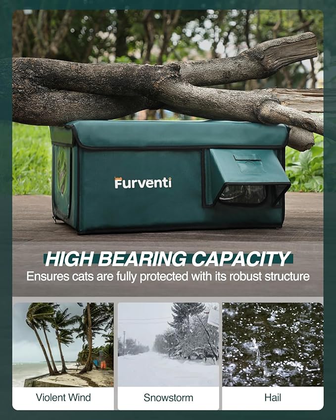 Outdoor Heated Cat House in Winter,Extremely Insulated & Weatherproof,Feral Cat Shelter with Waterproof Eaves & Escape Door for Outside Stray Barn Cat(Dark Green,25.6"x16.5"x13.4")