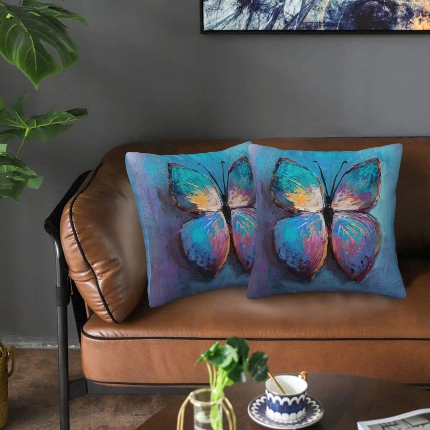 bassyil Blue Butterfly Throw Pillow Covers Decorative Linen Pillow Cases Set of 2 Square Cushion Cover for Couch Sofa Bedroom Patio 18x18 Inch