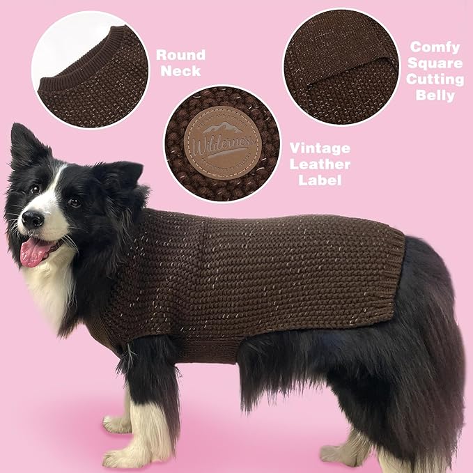 KYEESE Dog Sweater for Large Dogs with Leash Hole Warm Pullover with Reflective Yarn Male Thick Stretchy Knitwear Winter Soft Pet Coat boy for Cold Weather Comfy Dog Sweaters, Khaki, XXX-Large