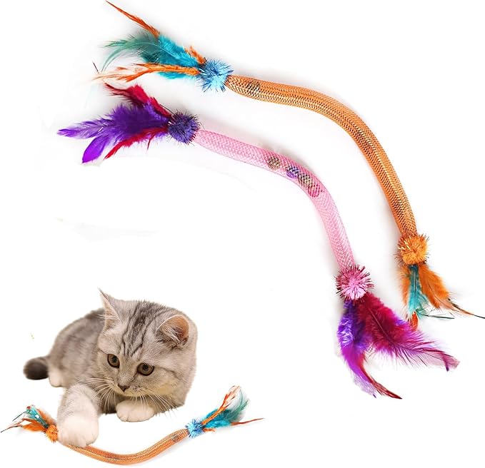 Cat Toys for Indoor Cats – 2 Pack Feather Toys with Pom-Pom & Bells, 19.5 Inch Teething Cat Toys Bundle for Chew, Cat Spiral Spring, Kitten Teething Toys