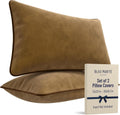 2 Pack Velvet Decorative Throw Pillow Covers, 12"x20", Beige and Brown, Solid, Modern, Contrast Piping, Indoor Use, Bedroom & Living Room