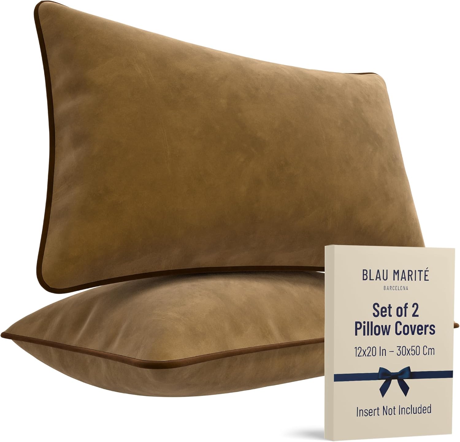 2 Pack Velvet Decorative Throw Pillow Covers, 12"x20", Beige and Brown, Solid, Modern, Contrast Piping, Indoor Use, Bedroom & Living Room
