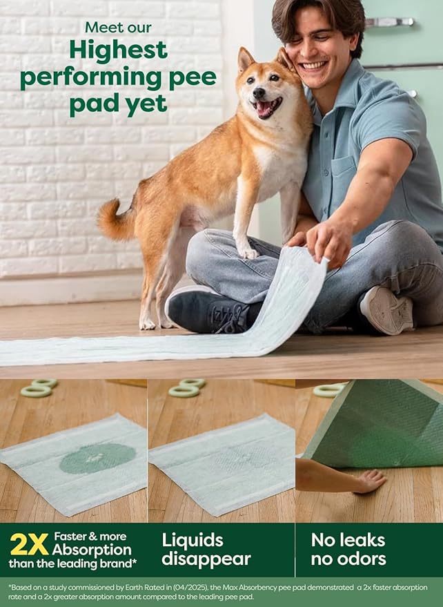 Earth Rated Max Absorbency Puppy Pee Pads for Dogs Absorbs 2X Faster & 2X More, Leak-Proof Odor-Free Potty Training Wee Wee Pad, Unscented, Large, 22” x 23”, 40 Count
