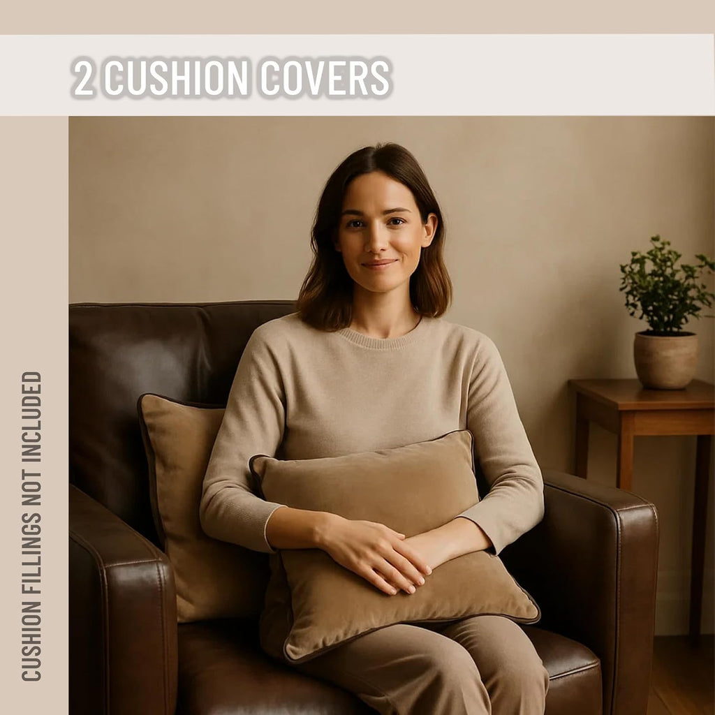 2 Pack Velvet Decorative Throw Pillow Covers, 20"x20", Camel and Brown, Solid, Modern, Contrast Piping, Indoor Use, Bedroom & Living Room