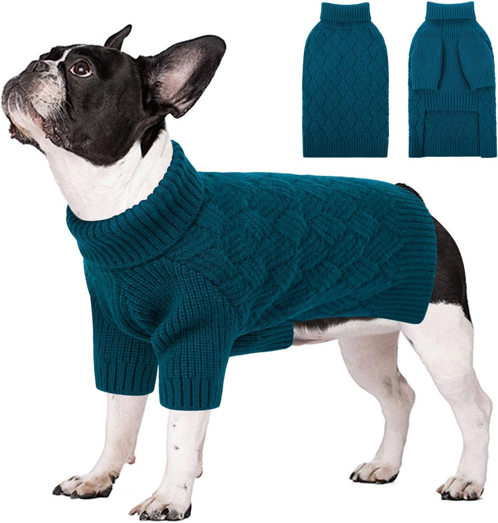 SUNFURA Dog Sweater, Medium Dog Sweaters Doggie Pullover for Fall Winter, Fleece Pet Christmas Sweaters for Holiday, Warm Turtleneck Knitwear for French Bulldog, Boston Terrier, Blue M