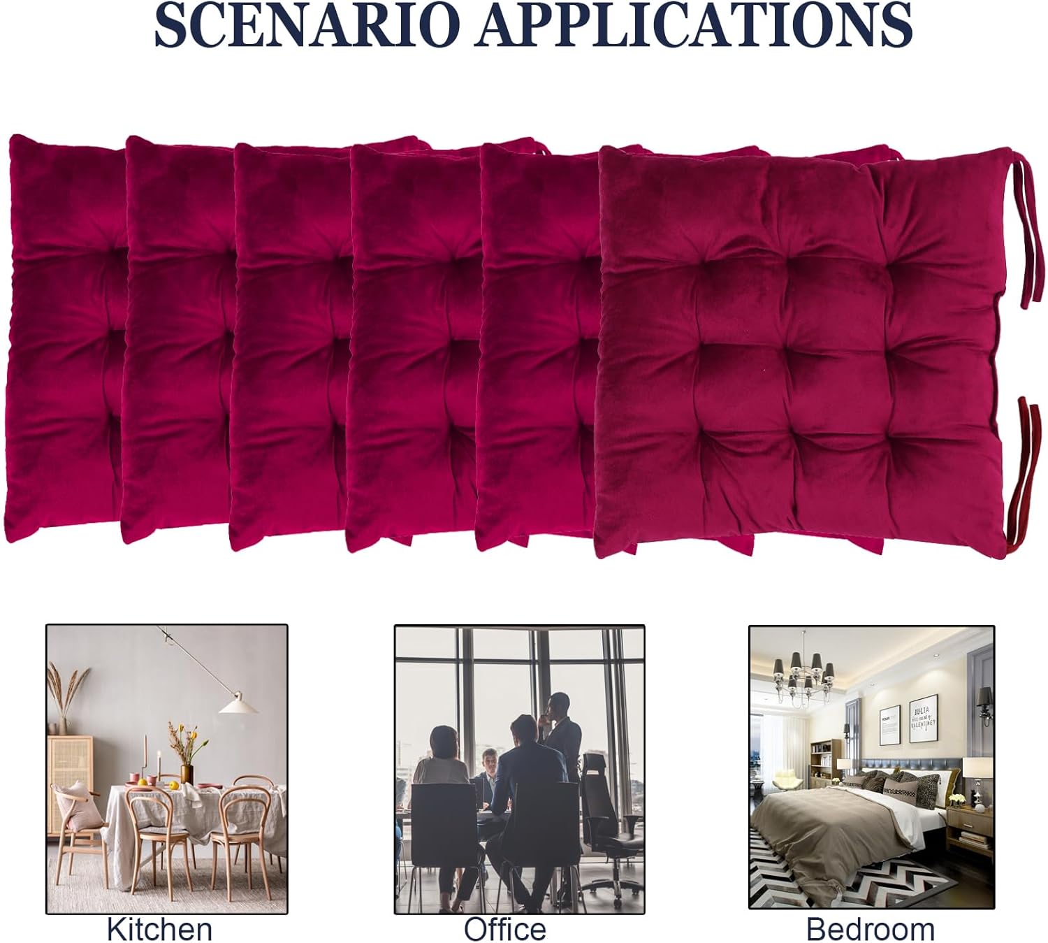 6 Pack Square Seat Cushion Chair Pads for Kitchen Dining Chairs, Soft Comfort Velvet Chair Mat Pillow Cushions with Ties for Office Desk Living Room Tatami 15.5", Burgundy Red