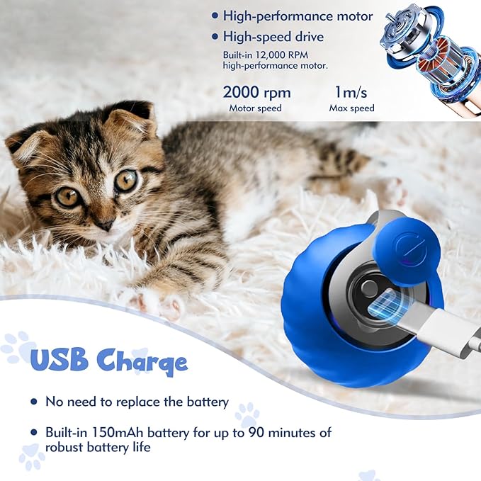 Interactive Cat Toys for Indoor Cats, Automatic Speedy Moving Cat Toy Turbo Ball with Tail 3.0 for Bored Indoor Adult Cats, Rechargeable Chase Motion Activated Kitten Toys - Blue