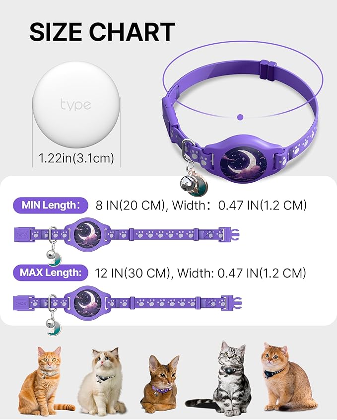 Cat Tracker Collar - Waterproof Airtag Cat Collar with Finder Tag (iOS ONLY), Compatible with Apple Find My, Breakaway Tractive Design with Reflective Pattern & Bell, Purple(Not for Android Devices)