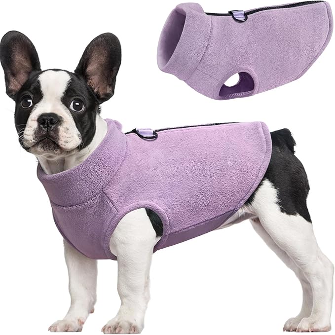 Idepet Dog Fleece Vest Sweater Zip Up Warm Pullover Dogs Jacket with D-Ring Leash Winter Cold Weater Coat Pet Sweatershirt Clothes Hoodie for Small Medium Dogs Boy Girl (Purple, XS)