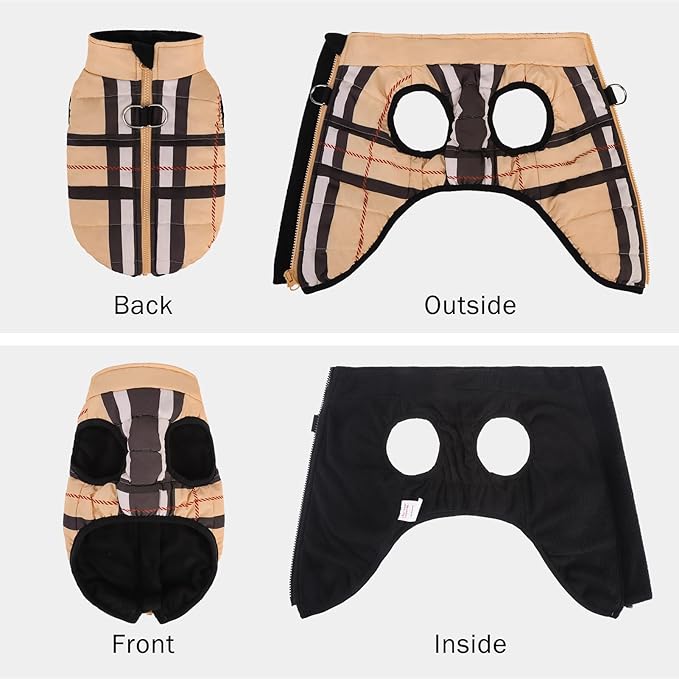 SCENEREAL Winter Dog Vest Coat with Harness Built in, Warm Puppy Jacket for Small Medium Dogs, Cold Weather Coat with Zipper, Fleece Puffer Vest Windproof Snow Clothes, Beige Plaid S