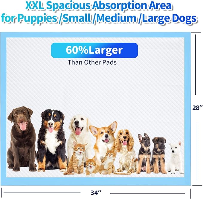 Upgrade Leak-Proof Pet Training and Puppy Pads, Jumbo Pee Pads for Dogs with Thicken Polymer Heavy Absorbency, Quick Dry Disposable Pee Pads for Cats Dogs - 50 Counts