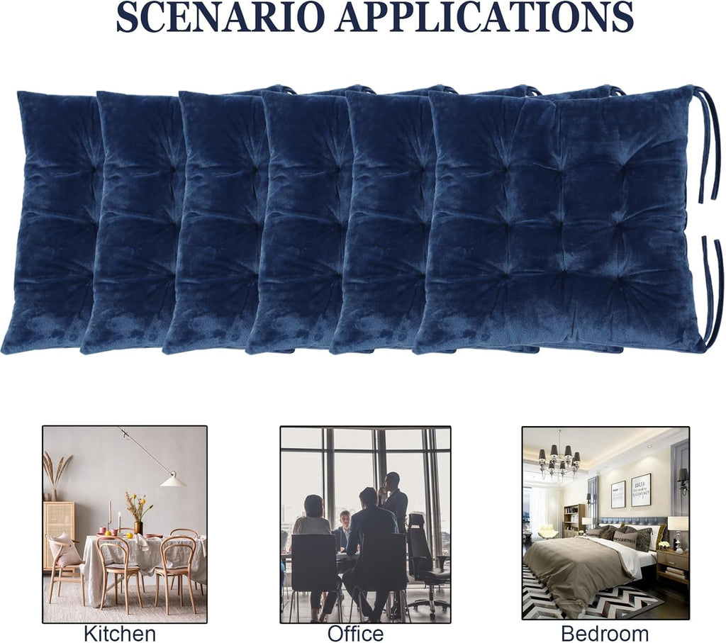 6 Pack Square Seat Cushion Chair Pads for Kitchen Dining Chairs, Soft Comfort Velvet Chair Mat Pillow Cushions with Ties for Office Desk Living Room Tatami 15.5", Blue