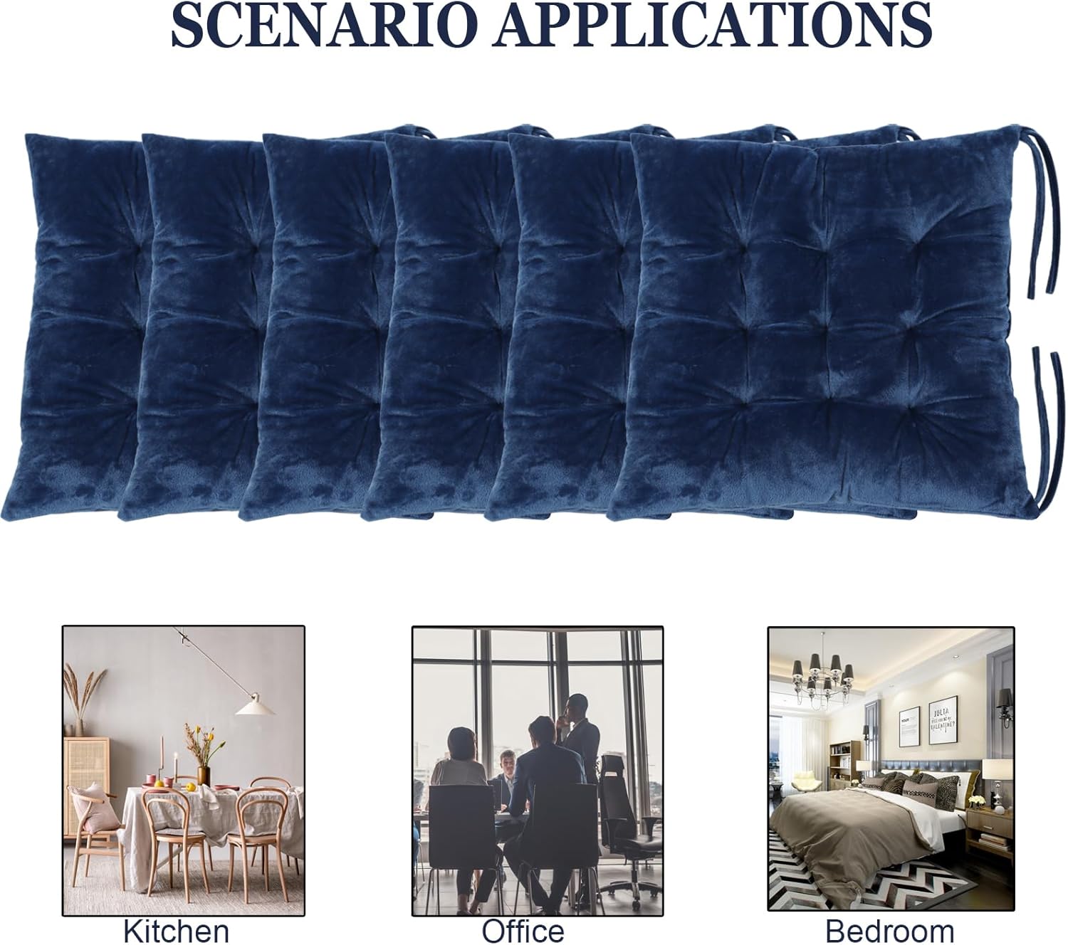 6 Pack Square Seat Cushion Chair Pads for Kitchen Dining Chairs, Soft Comfort Velvet Chair Mat Pillow Cushions with Ties for Office Desk Living Room Tatami 15.5", Blue