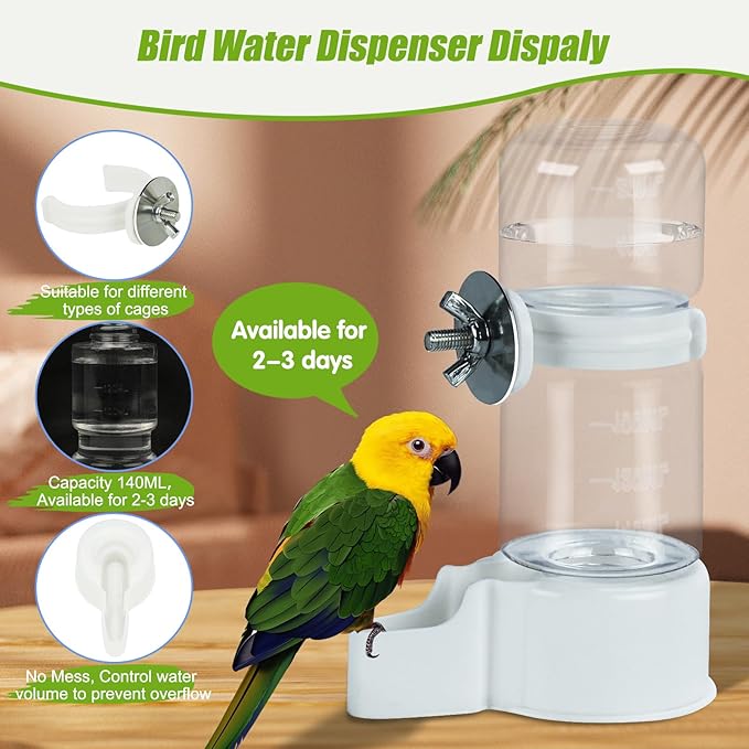 BWOGUE Automatic Bird Water Dispenser, 4.73 Fl Oz Parakeet Water Dispenser for Cage No Mess Suspended Bird Water Feeder for Cockatiel Budgie Conure Lovebirds
