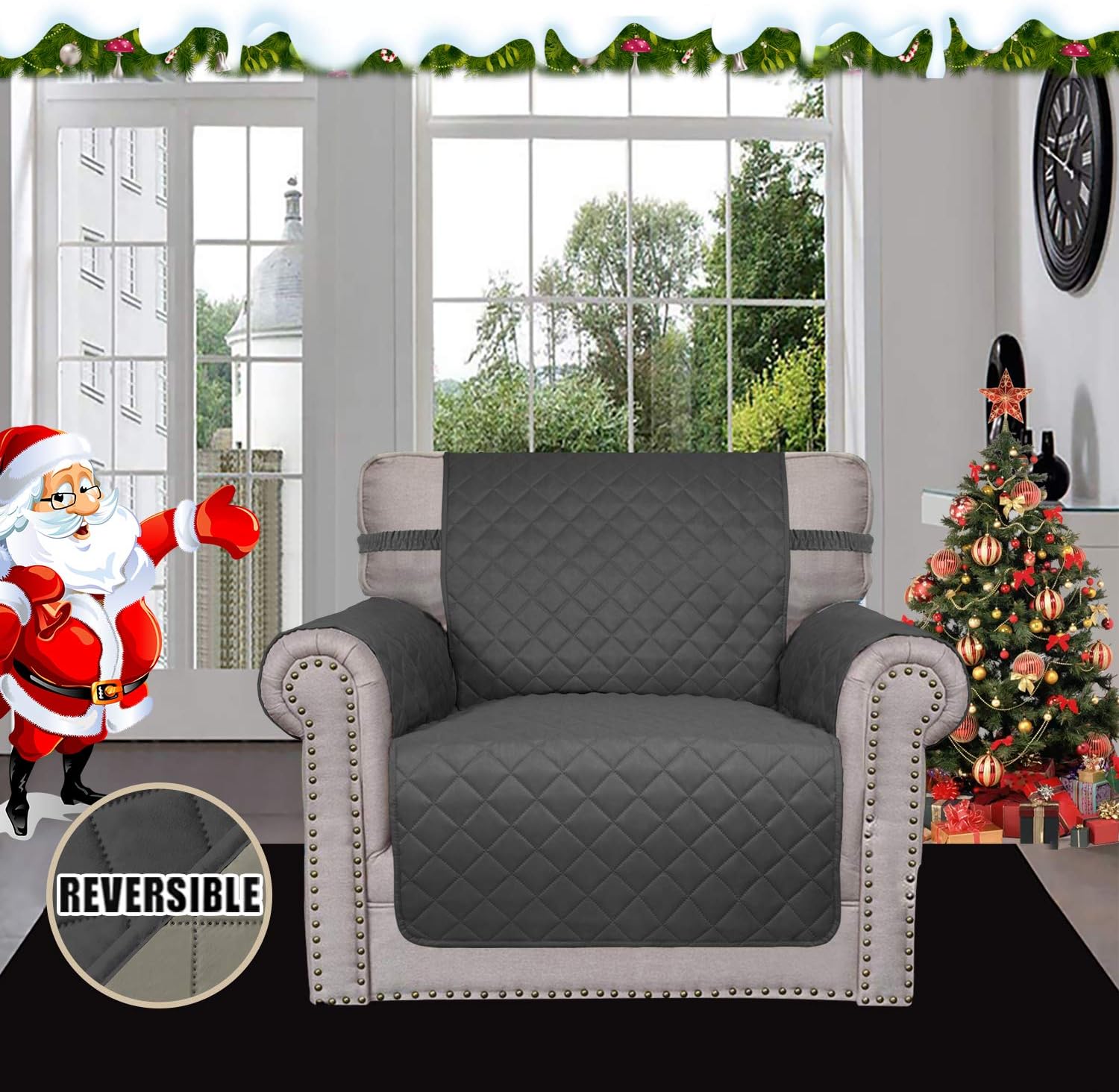 Easy-Going Chair Sofa Slipcover Reversible Sofa Cover Water Resistant Couch Cover Furniture Protector Cover with Elastic Straps for Pets Kids Children Dog Cat (Chair, Darkgray/Beige)