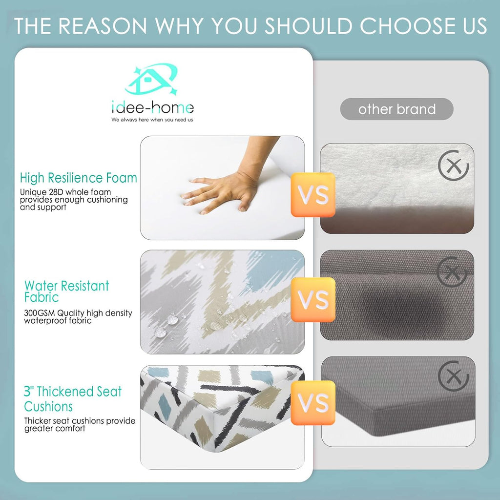 idee-home Outdoor Chair Cushions Set of 2, Thick 17" x 17" x 3" Outdoor Seat Cushions Patio Furniture Waterproof with Ties, Dining Pads