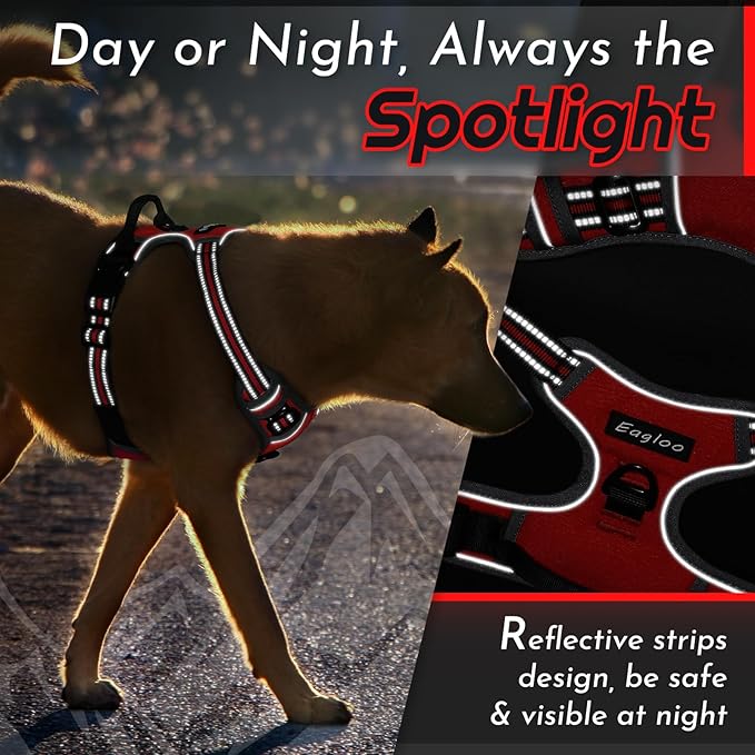 Eagloo Dog Harness for Large Dogs, No Pull Service Vest with Reflective Strips and Control Handle, Adjustable and Comfortable for Easy Walking, No Choke Pet Harness with 2 Metal Rings, Red, L