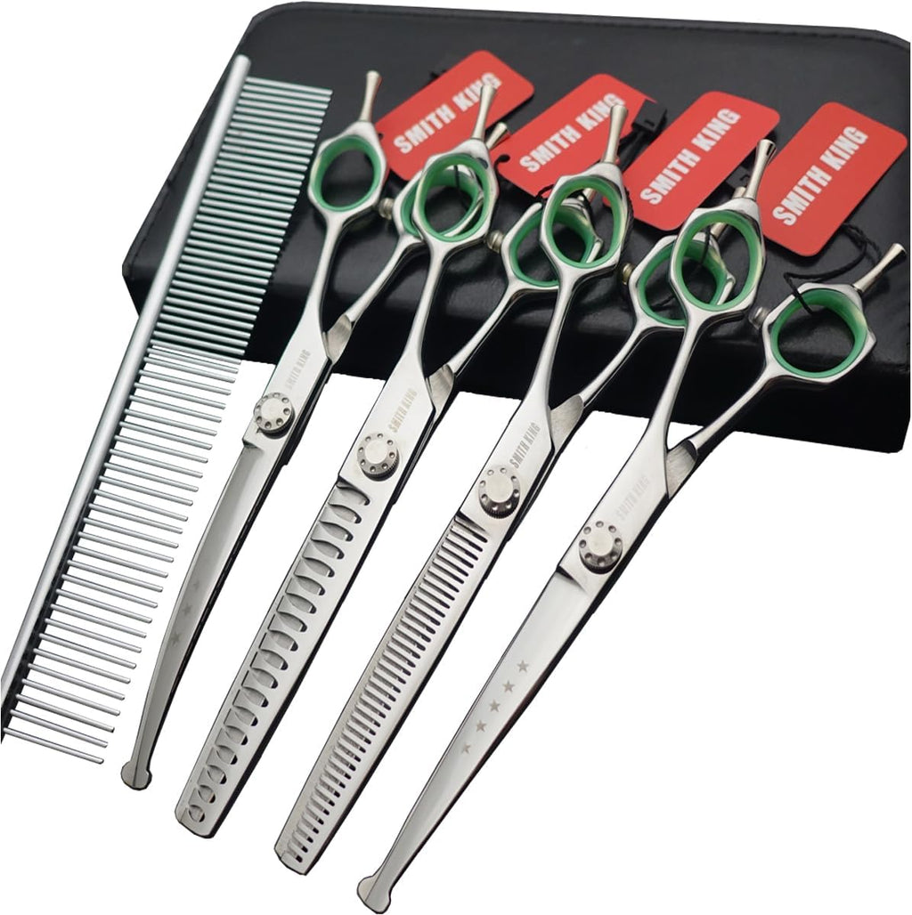 7 inches Safe Dog Grooming Scissors Set with Round Tip,Straight & Thinning & Curved Shears Set with comb for Dog & Cat Grooming &human hair cutting (Green 4 in 1 with comb)