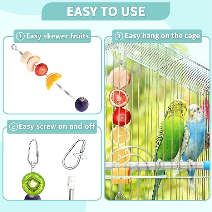 2 Pcs Bird Feeding Dish Cups with 3 Pcs Food Holder for Cage, Parrot Food Water Bowls and Fruit Vegetable Skewer Foraging Toy, Stainless Steel Bird Feeders for Small Animals -Silvery,5 Pcs