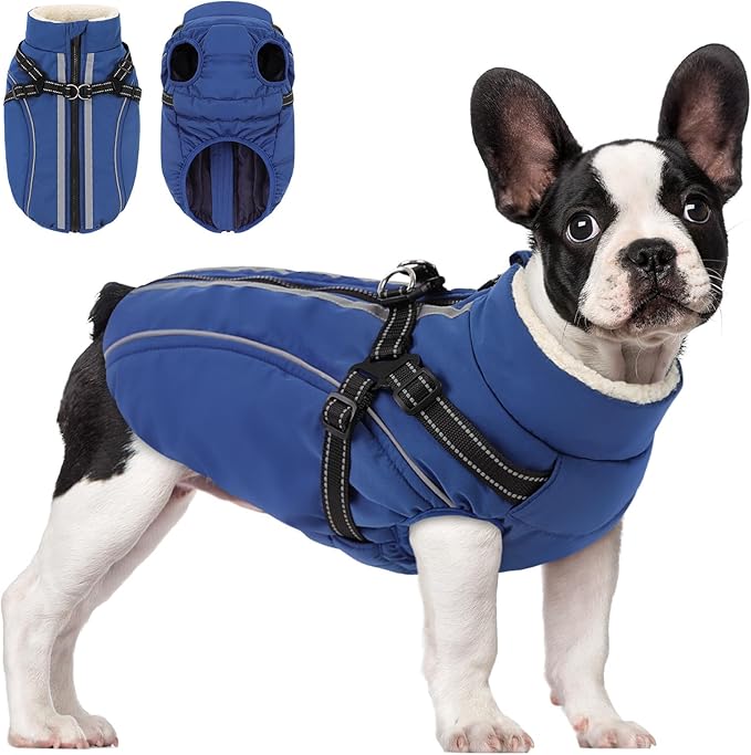 Dog Winter Coat with Harness Built in Warm Puffer Dog Jackets for Small Medium Large Dogs Windproof Waterproof Outfit with Plush Lining and Reflective Stripes (Blue, XL)