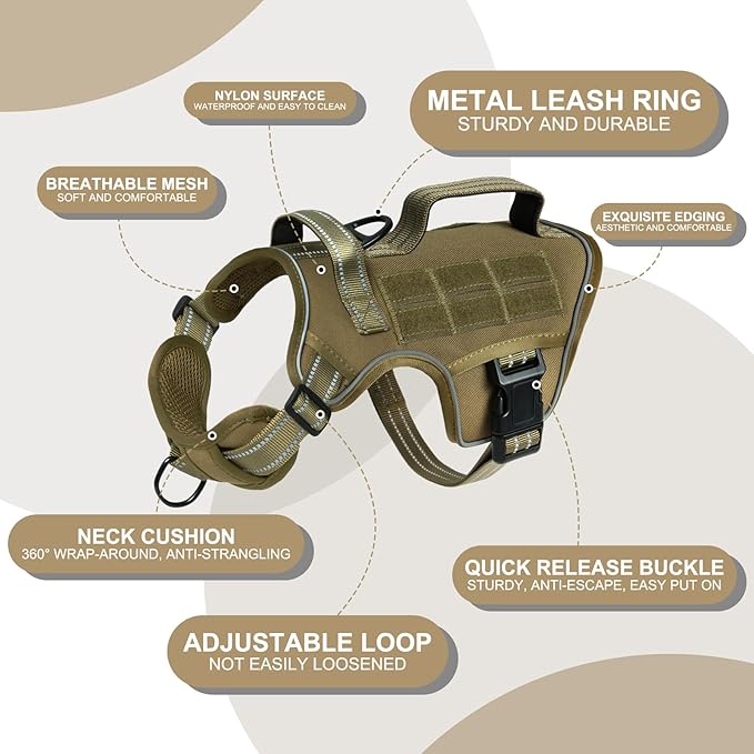 Small Dog Harness, Heavy Duty Tactical No Pull Dog Harness, No Choke, Easy On and Off Pet Vest with Molle System, Adjustable Reflective Dog Vest with Breathable Padded for Walking Hiking Training