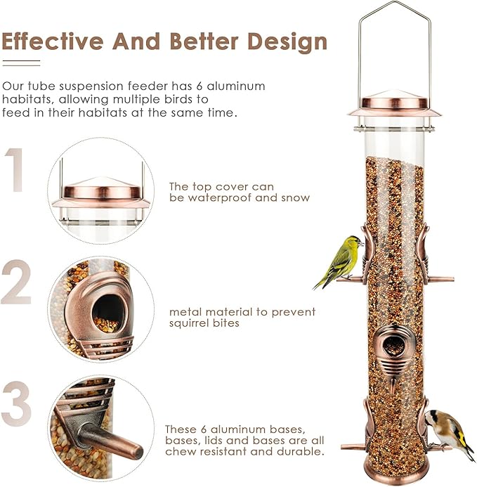 MIXXIDEA Metal Wild Bird Feeder, Squirrel Proof, Hanging 6 Port Tube Finch Feeder for Attracting Birds in Lawn, Garden, Balcony - Antique Copper