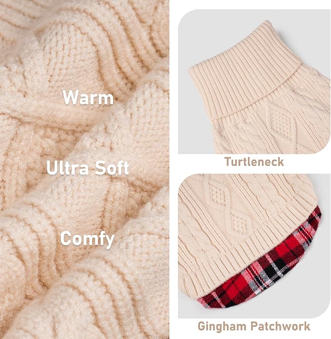 KYEESE Dog Sweater Warm Turtleneck Small Dogs Sweater Stretchy Knitwear Cat Clothes with Gingham Patchwork Comfy Pet Coat for Fall Winter Cold Weather Soft Pullover Dog Sweaters for Small Dogs Girl