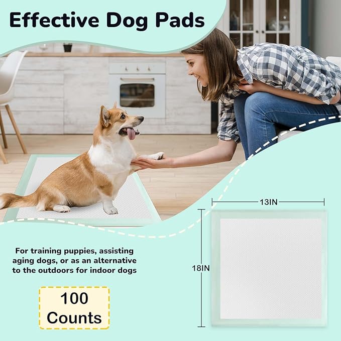 Puppy Pee Pads 100PCS Disposable Pet Toilet Training Pads 18" x 13" for Dogs, Ultra Absorbent|Quick Dry|Leak-Proof Pet Potty Pads for Dog, Cat, Rabbits and Guinea Pigs (Green)