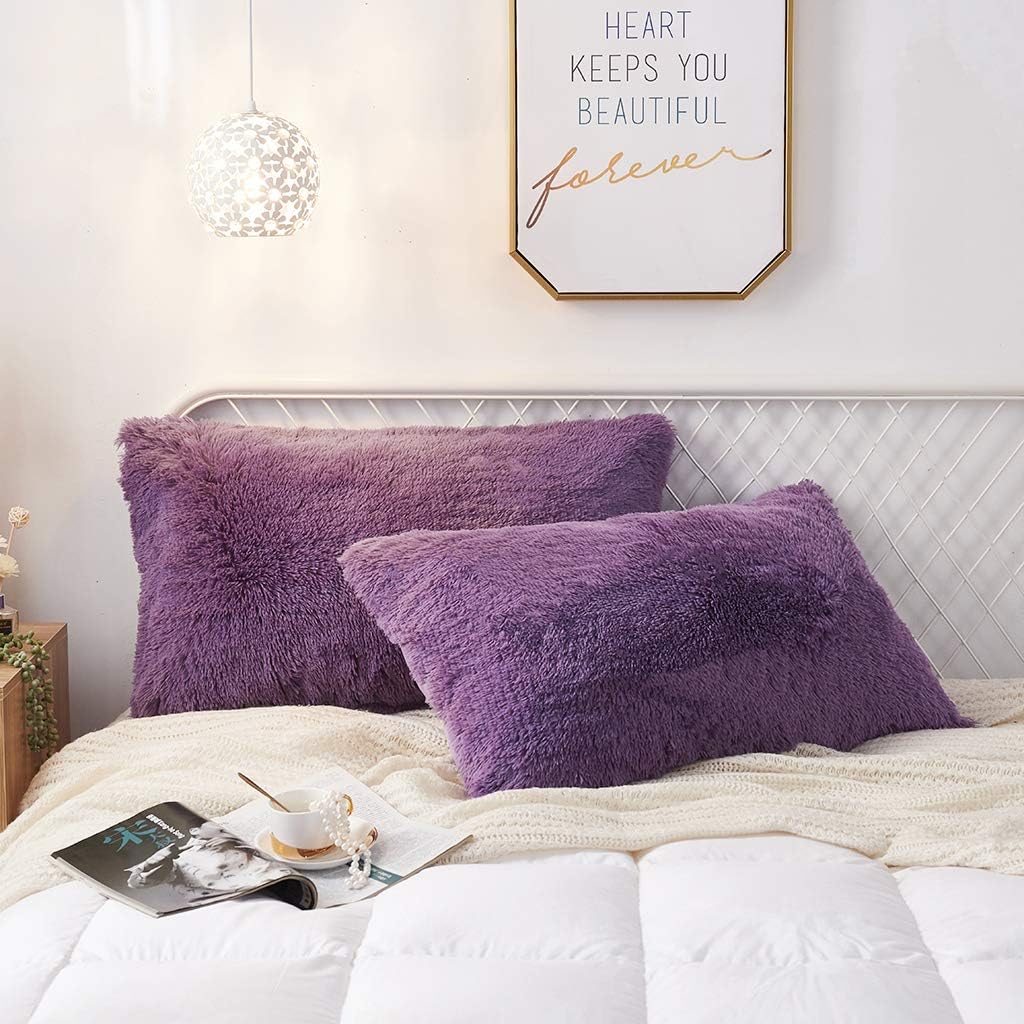 Uhamho Set of 2 Standard Pillowcases Faux Fur Throw Pillow Covers Queen Size Shams Soft Velvet Decorative Zipper Closure (Purple, 20"x26")