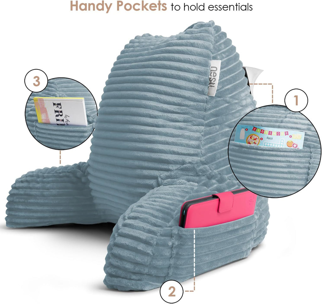 Hearth & Harbor Reading Pillow for Bed Adult – Back Pillow for Sitting in Bed, Standard Bed Pillows for Sitting Up in Bed, Foam Bed Chair Pillow, Stone Blue Bed Rest Pillow