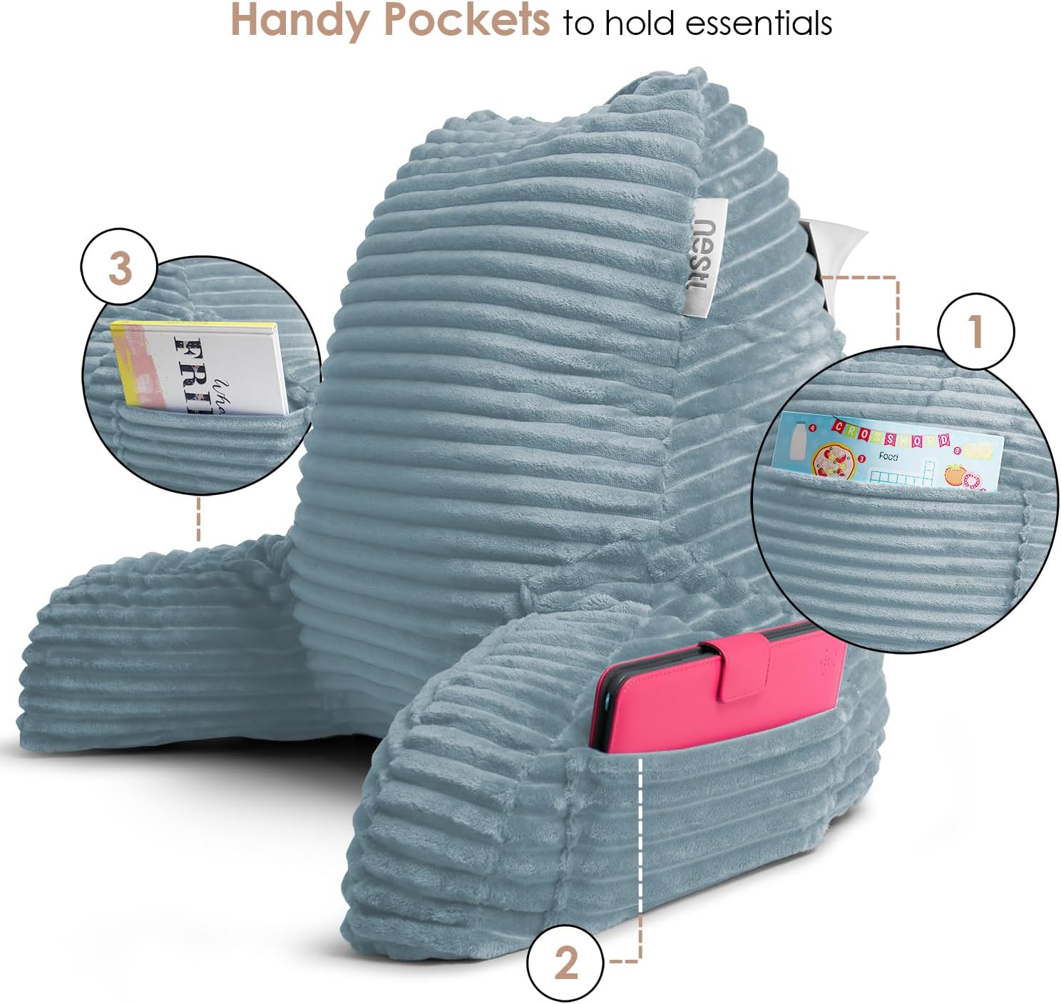 Hearth & Harbor Reading Pillow for Bed Adult – Back Pillow for Sitting in Bed, Standard Bed Pillows for Sitting Up in Bed, Foam Bed Chair Pillow, Stone Blue Bed Rest Pillow