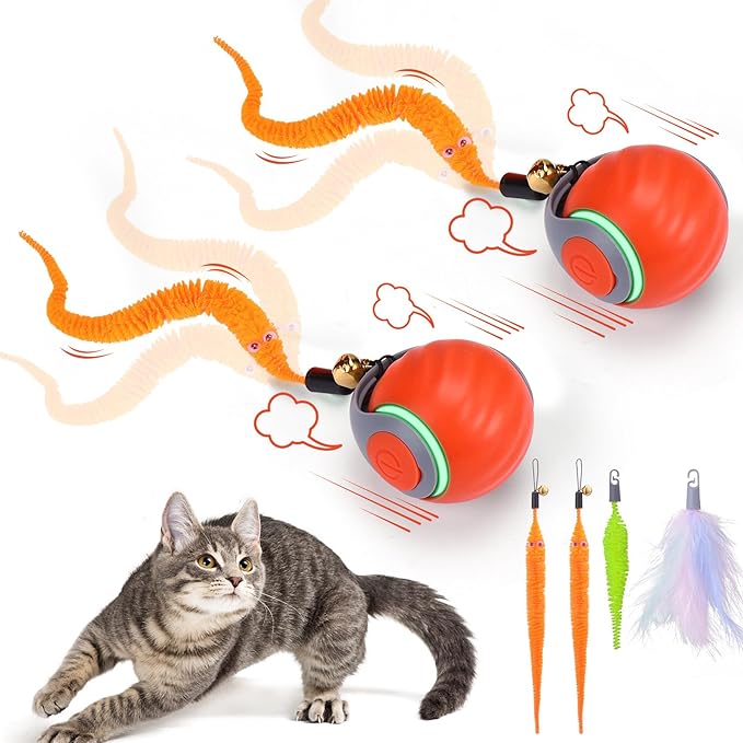 BABORUI 2Pack Orange Interactive Cat Toy Ball - Automatic Interactive Cat Toys for Indoor Cats with 3 Tails, 2 Speeds Rechargeable Enrichment for Small/Medium/Large to Keep Them Busy