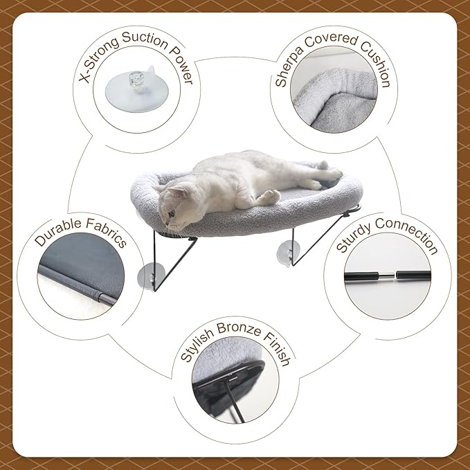 Zakkart Cat Window Perch - 100% Metal Supported from Below - Comes with Warm Spacious Pet Bed - Cat Window Hammock for Large Cats & Kittens - for Sunbathing, Napping & Overlooking (Grey)