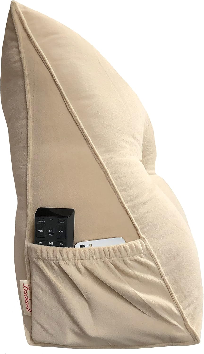 Triangular Reading Bed Rest Pillow Large Bolster Cushion Headboard Backrest Wedge Pillow with Removable Cover and Two Large Side Pockets (Beige, Twin: 39 x 8 x 20 inches)