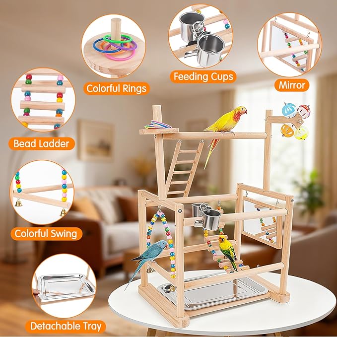 Bird Playground, Parrot Playground Parrot Perch Stand 3 Layer Bird Tree Stand with Feeder Cups, Ladder, Parakeet Mirror, Parakeet Toys and Removable Tray for Small to Medium Birds