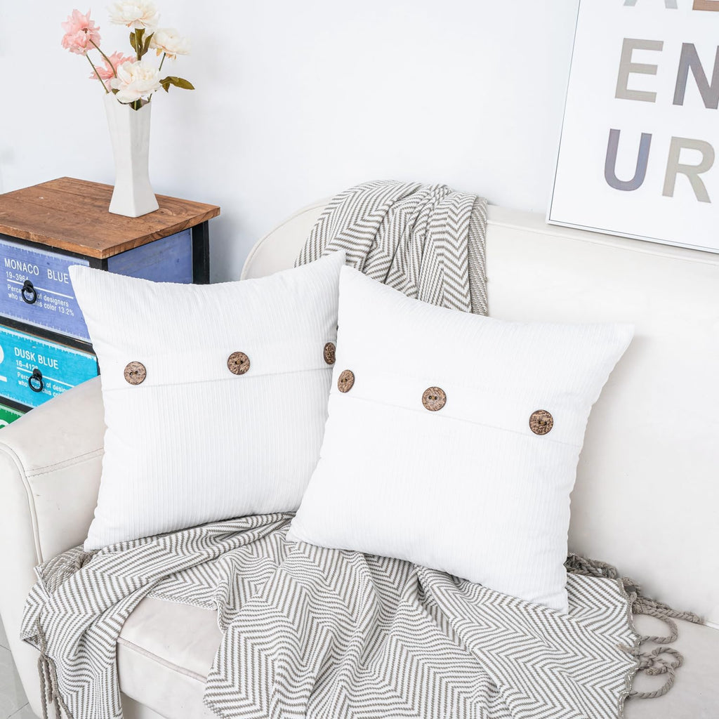 HWY 50 White Chenille Throw Pillow Covers 20x20 Inch with Triple Buttons, Soft Farmhouse Accent Decorative Cushion Cases for Couch Sofa Bed Living Room Pack of 2