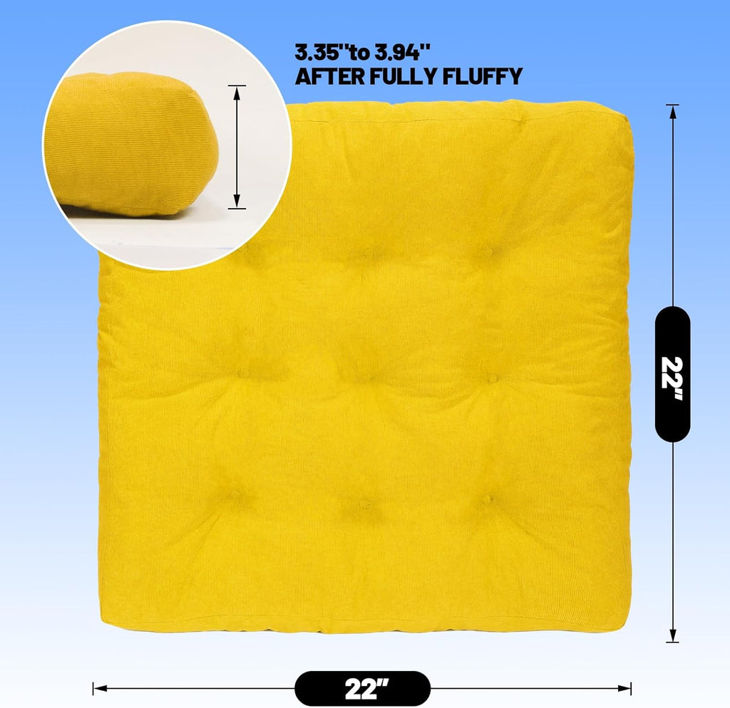 Meditation Floor Pillow Set of 2, Square Large Pillows Seating for Adults, Tufted Corduroy Cushion for Tatami Living Room, 22x22 Inch FP-Yellow