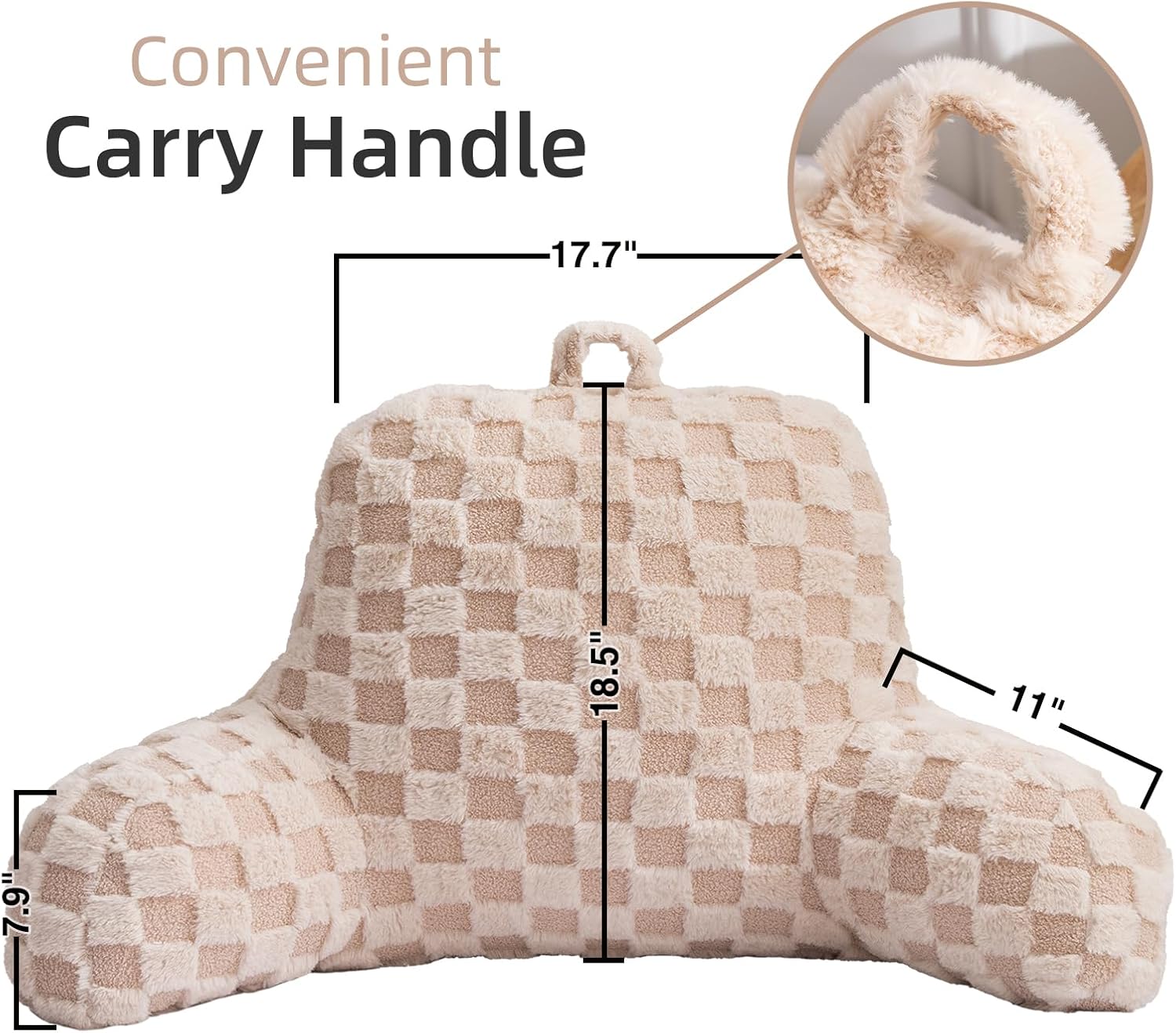 A Nice Night Faux Fur Reading Pillow,Checkered Fluffy Grid Plaid,Bed Wedge Pillow Large Adult Children Backrest with Arms for Bedrest,Beige