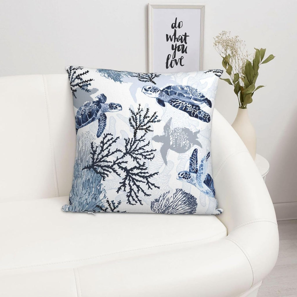 Nautical Blue Pillow Covers 18x18 Inch Coastal Beach Themed Coral Sea Turtle Navy Throw Pillow Cases Cushion Cover Set of 2 for Couch Sofa Living Room Car Decor