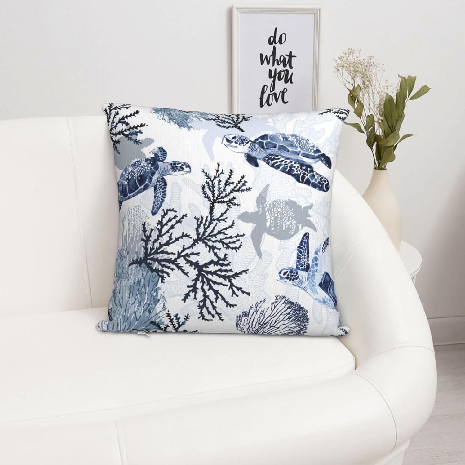 Nautical Blue Pillow Covers 18x18 Inch Coastal Beach Themed Coral Sea Turtle Navy Throw Pillow Cases Cushion Cover Set of 2 for Couch Sofa Living Room Car Decor